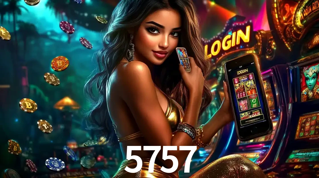 Mulher em um cenário de cassino temático de aventura, mostrando o app de caça-níqueis da 5757 no celular. Fichas de apostas flutuam ao redor.