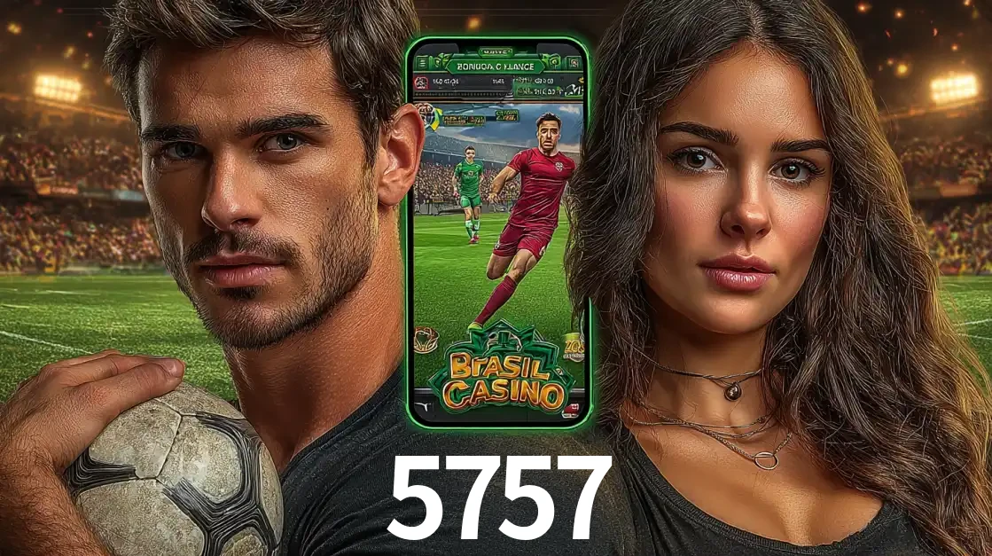 Homem segurando uma bola de futebol e uma mulher ao lado de um smartphone exibindo o jogo de apostas esportivas da 5757. Faça seu palpite no cassino online.